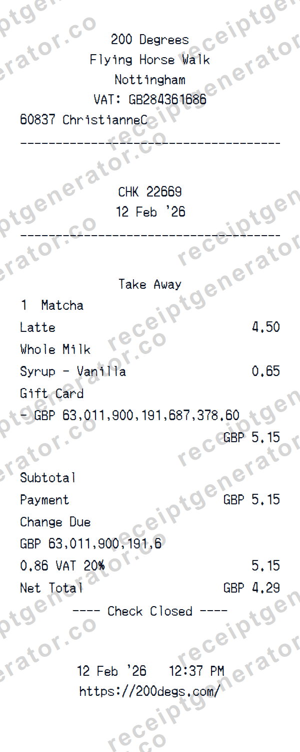 Preview of the editable 200 Degrees receipt template starting layout