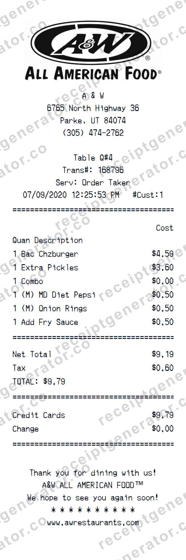 A&W Fast Food Receipt Template Preview of the editable A&W Fast Food receipt template starting layout