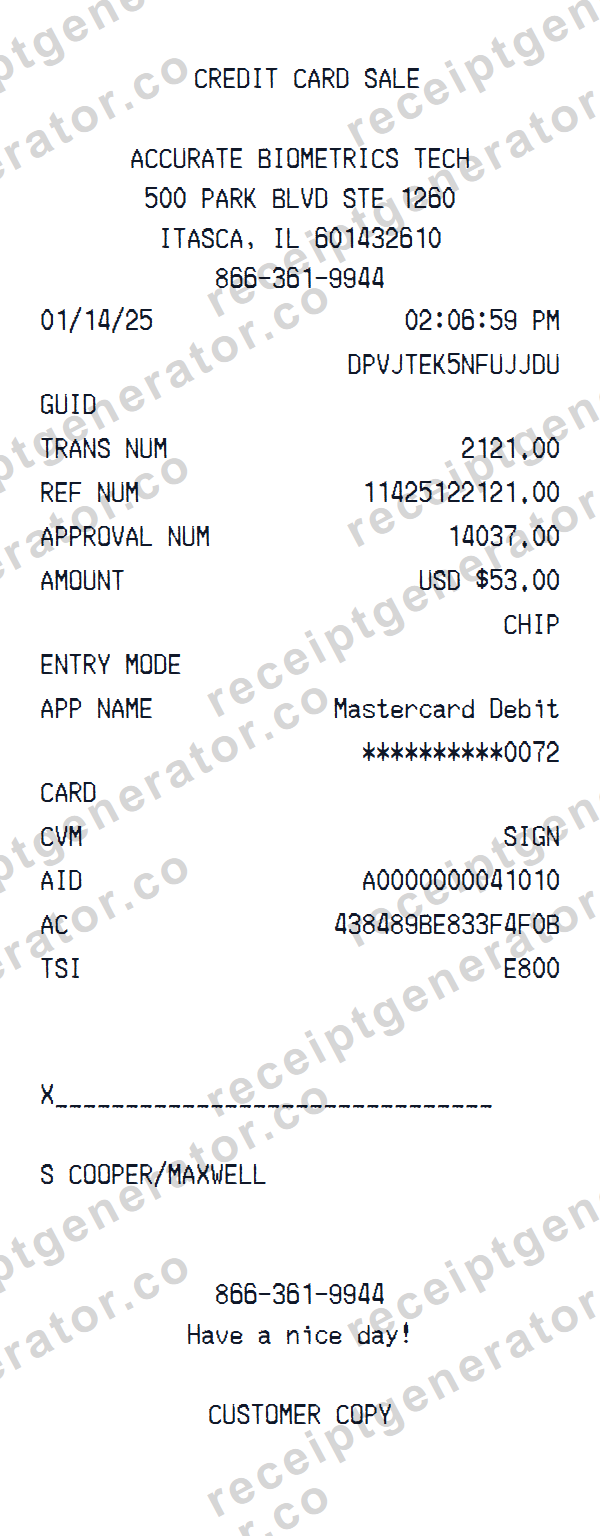 Accurate Biometrics Receipt Template Preview of the editable Accurate Biometrics receipt template starting layout