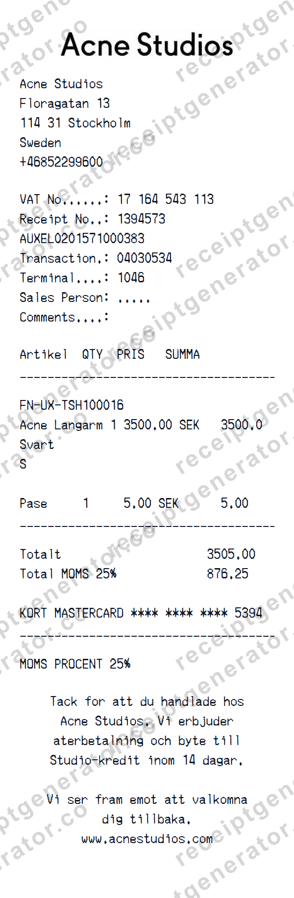 Acne Studios Receipt Template Preview of the editable Acne Studios receipt template starting layout