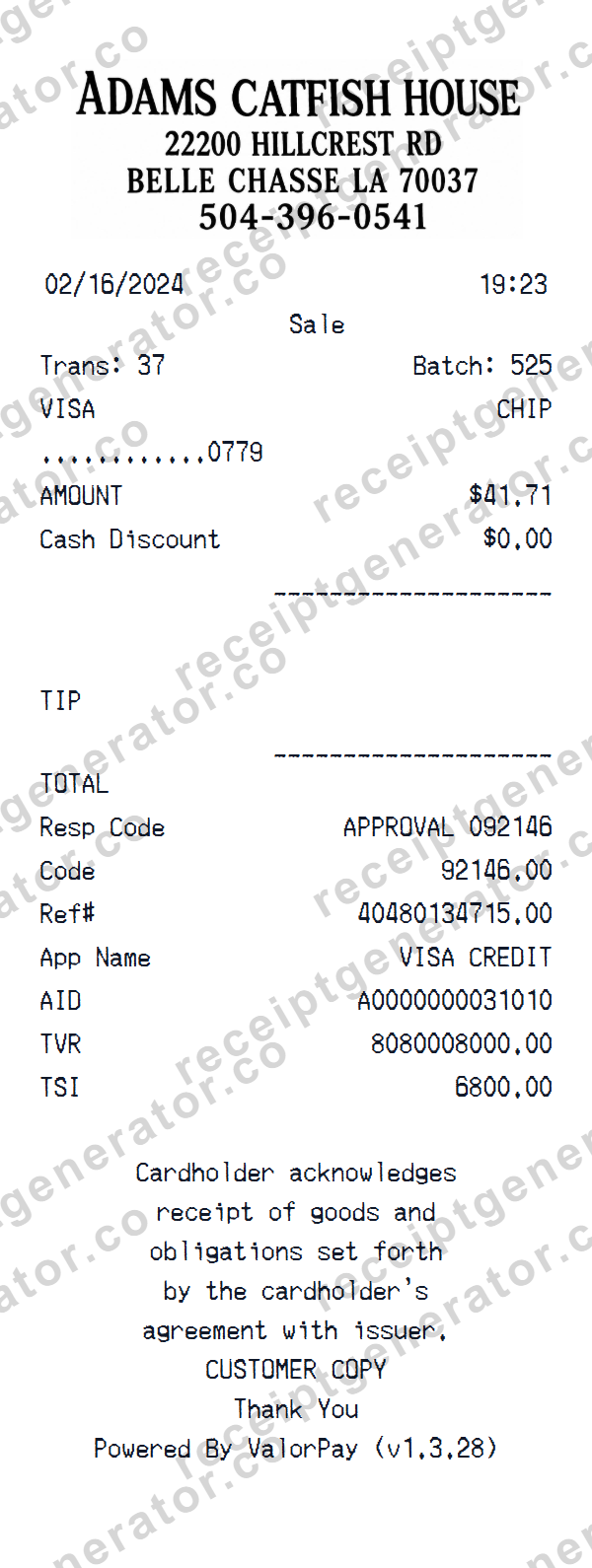 Adams Catfish House Receipt Template Preview of the editable Adams Catfish House receipt template starting layout