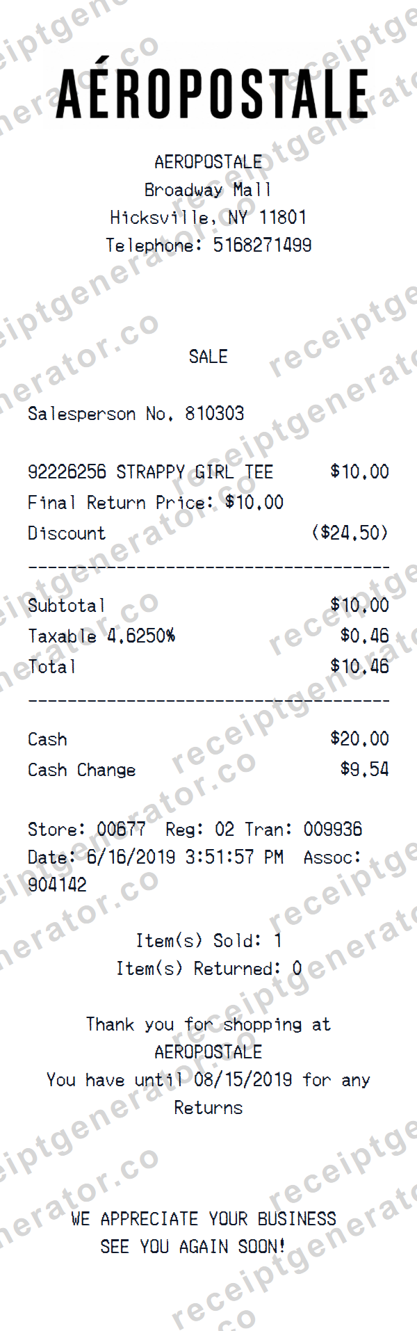 Aéropostale Broadway Mall Receipt Template Preview of the editable Aéropostale Broadway Mall receipt template starting layout