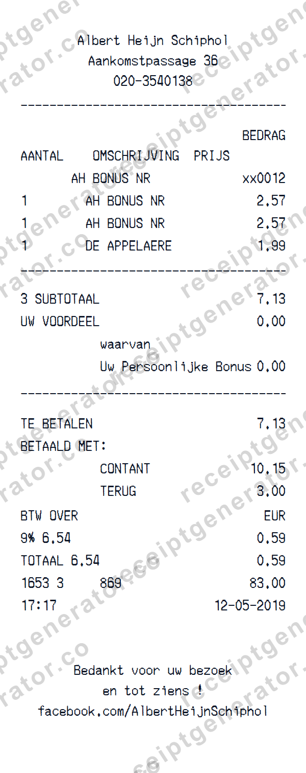 Albert Heijn Receipt Template Preview of the editable Albert Heijn receipt template starting layout