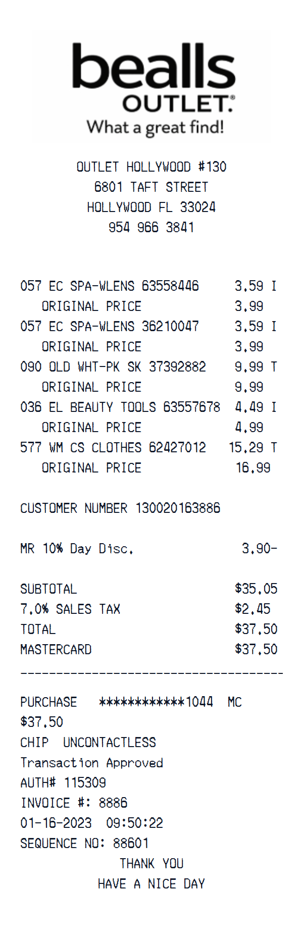 Bealls Outlet receipt example