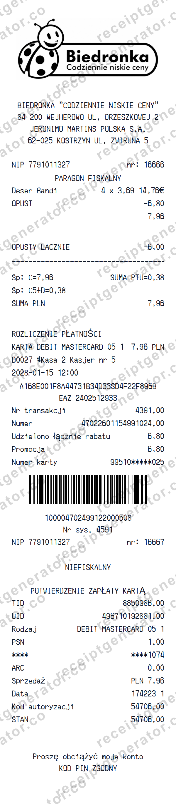 Biedronka Receipt Template Preview of the editable Biedronka receipt template starting layout
