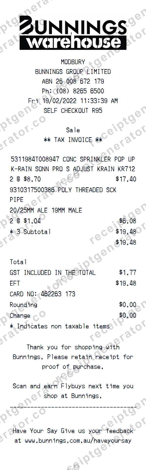 Bunnings Warehouse Receipt Template Preview of the editable Bunnings Warehouse receipt template starting layout