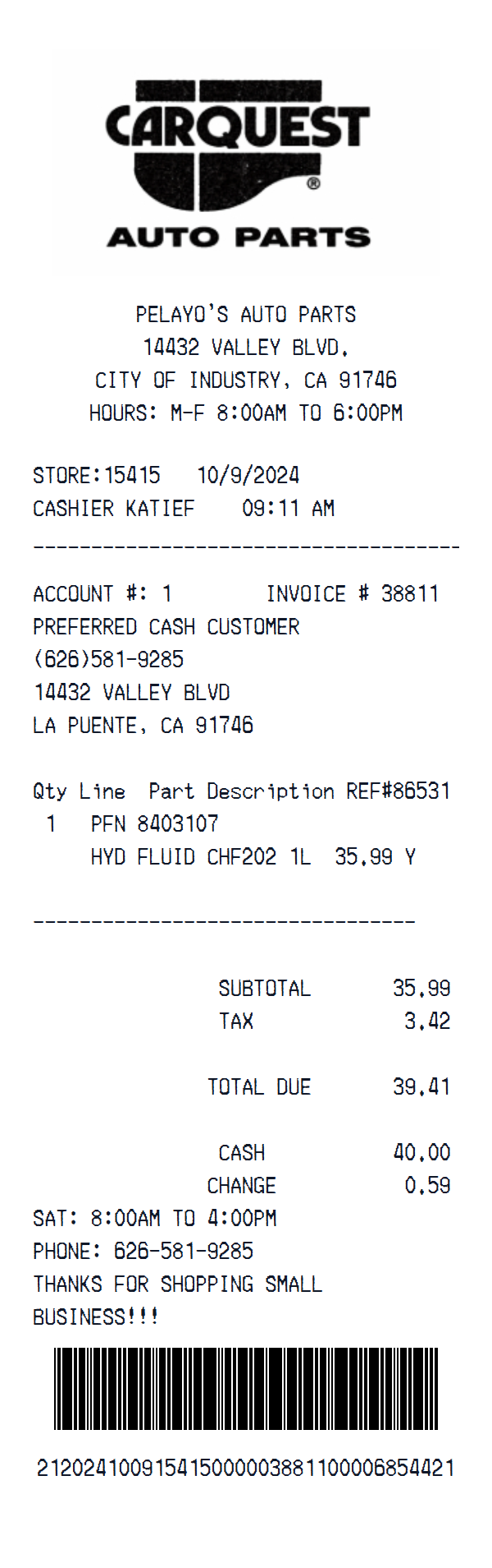 CARQUEST Logo receipt example