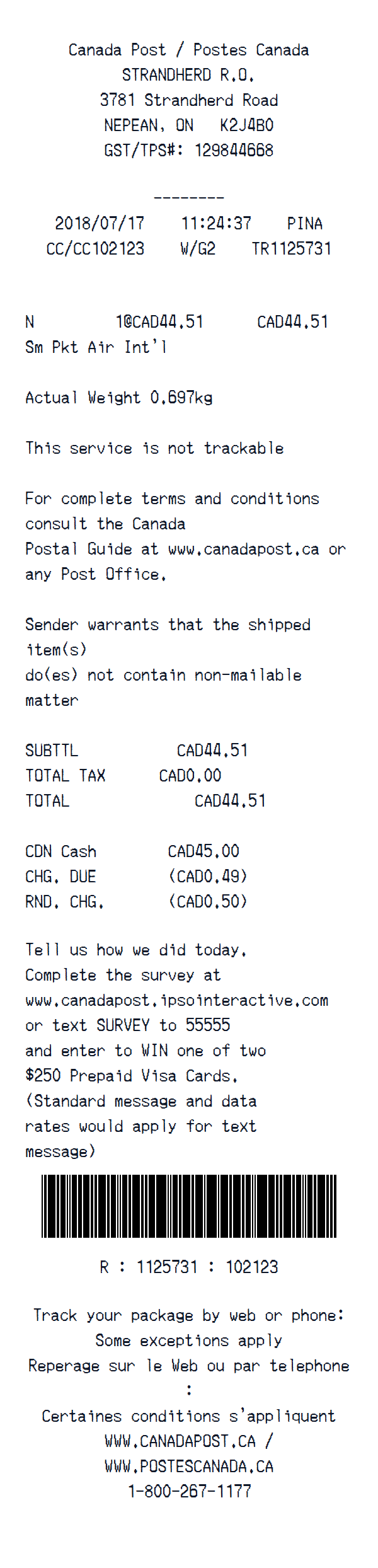 Canada Post receipt example