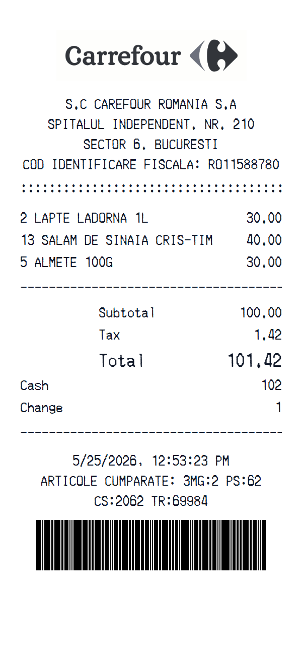 Carrefour receipt example