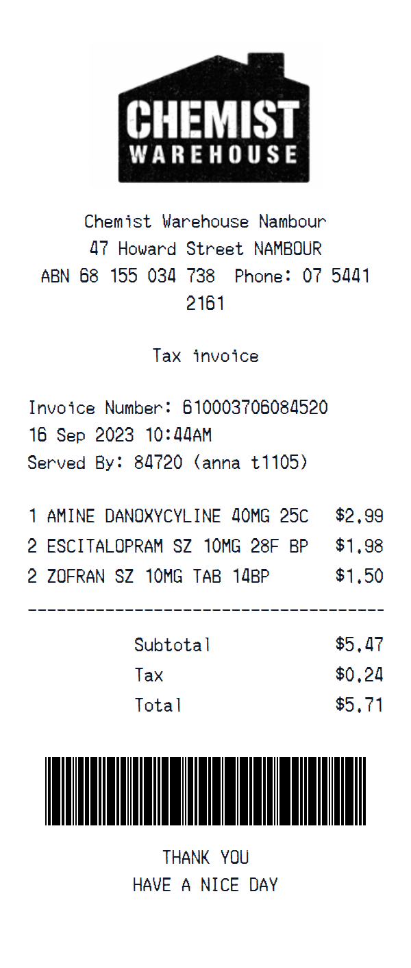 Chemist Warehouse receipt example