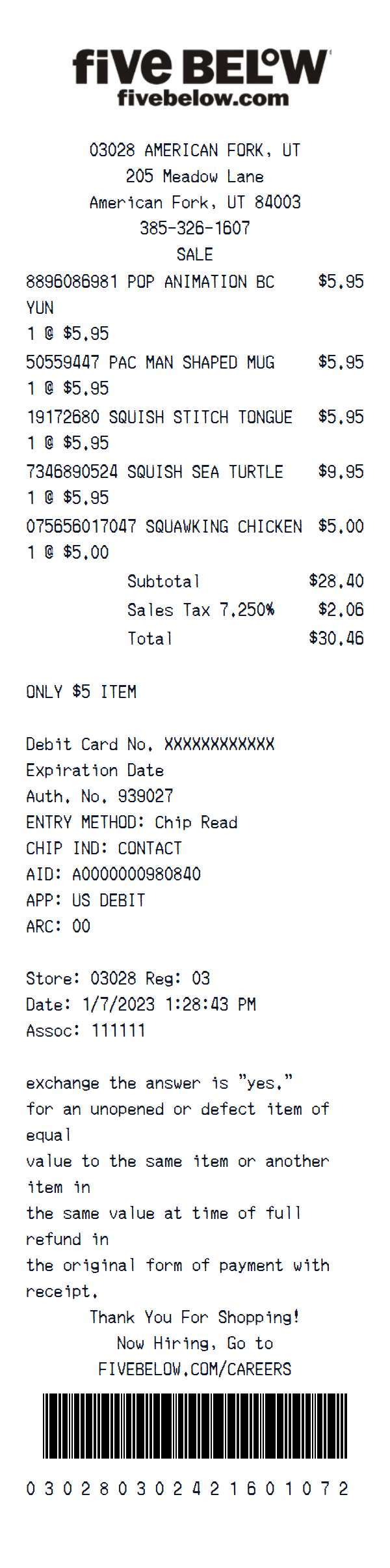 Five Below receipt example