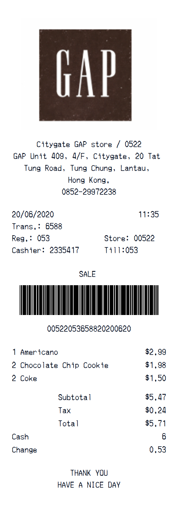 GAP receipt example