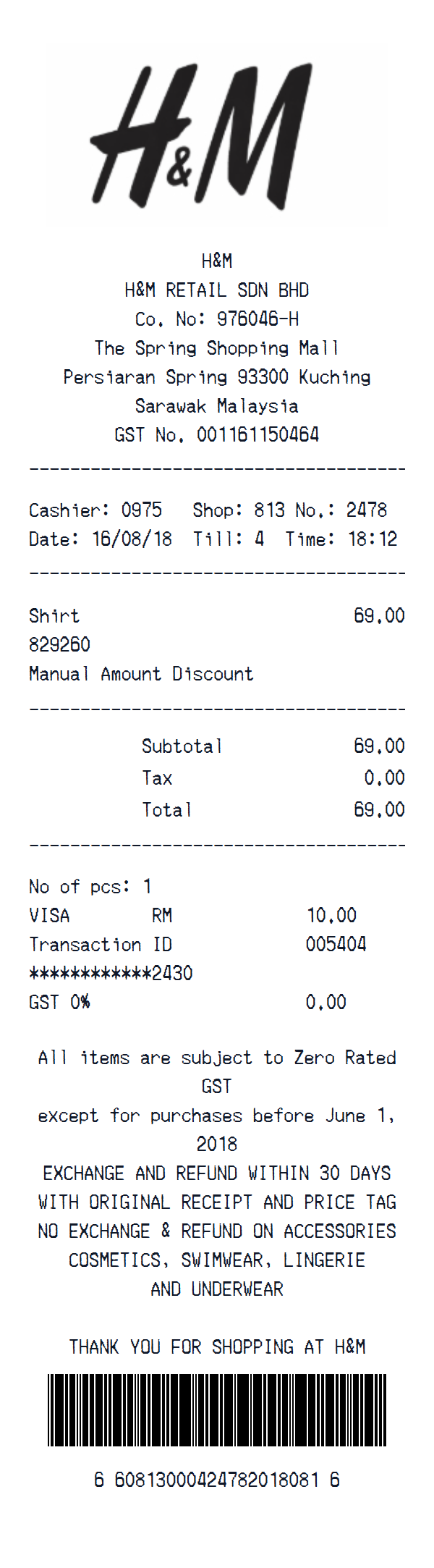 H&M receipt example