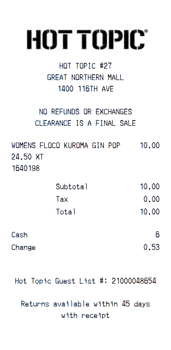 Hot Topic receipt example
