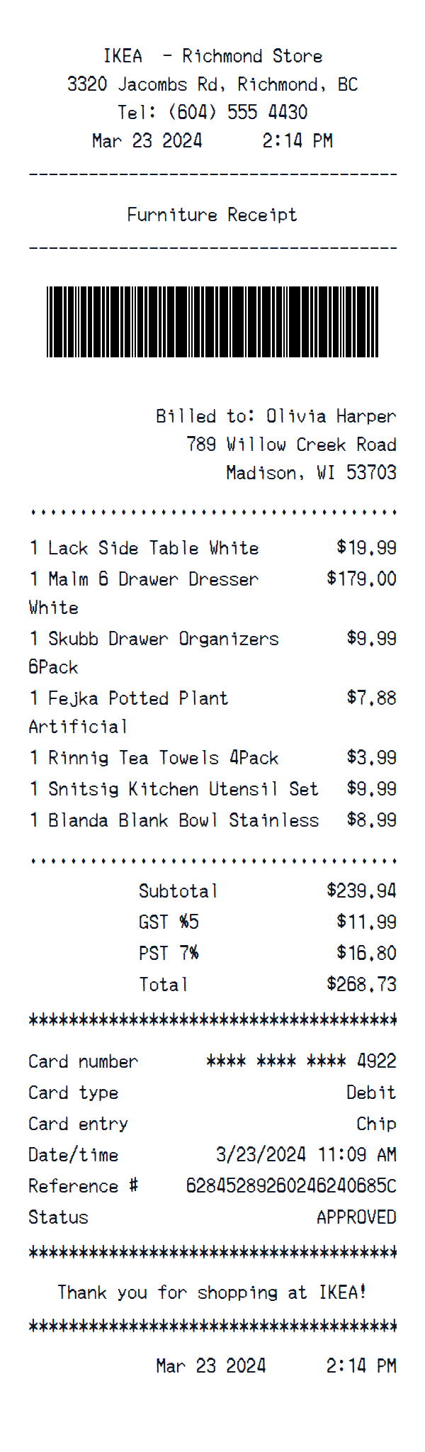 IKEA – Furniture Store receipt example