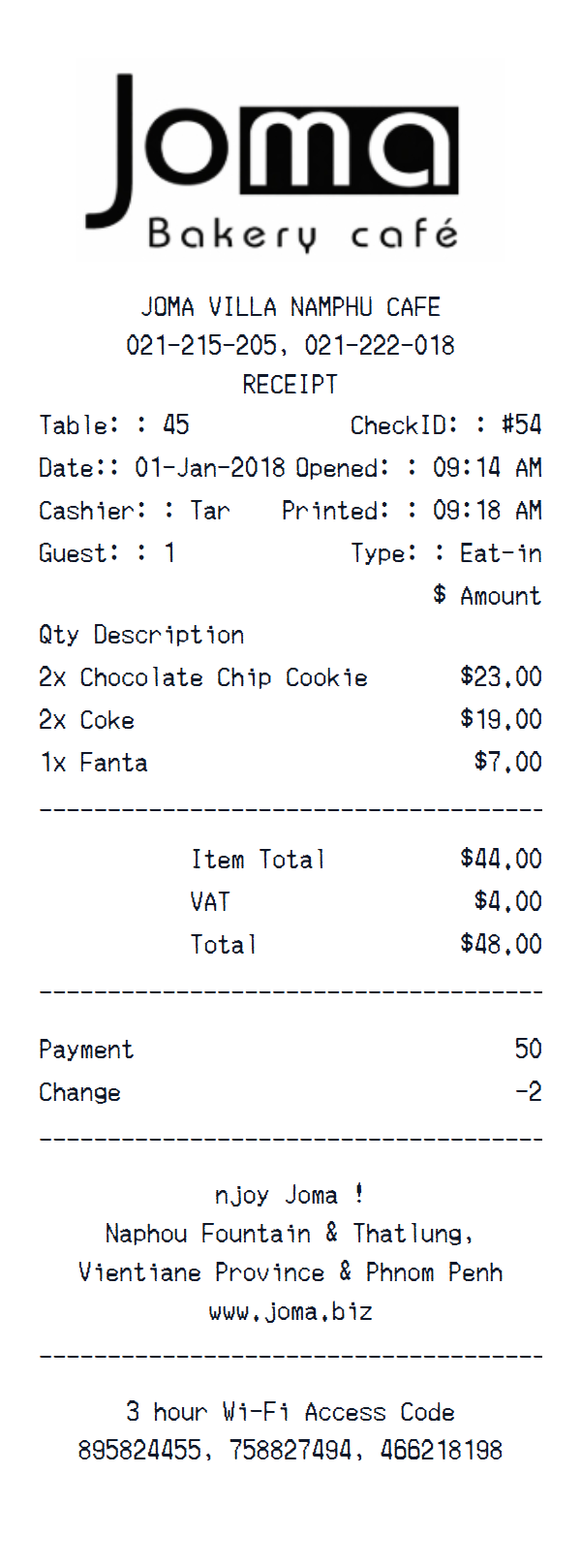 Joma Bakery Café - In-Store receipt example