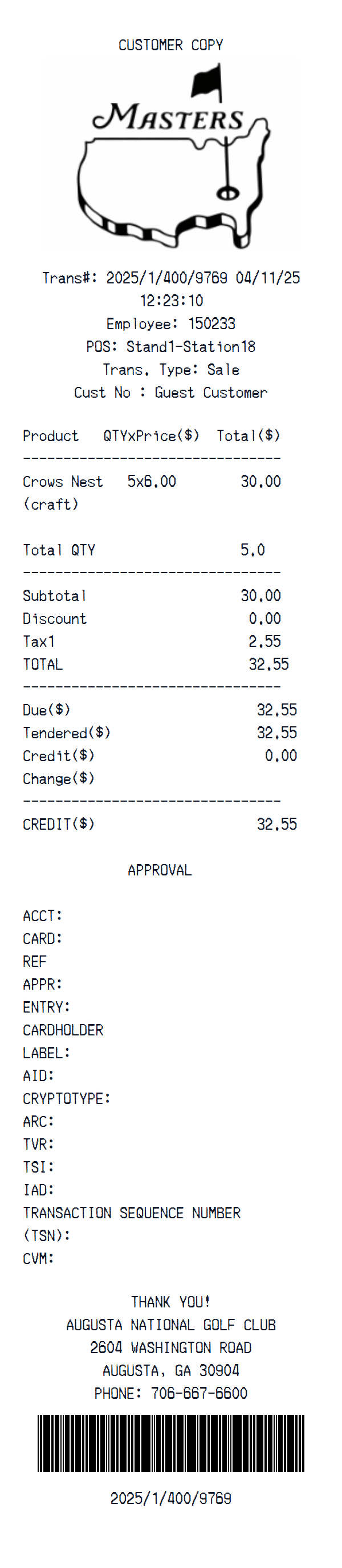 Masters receipt example