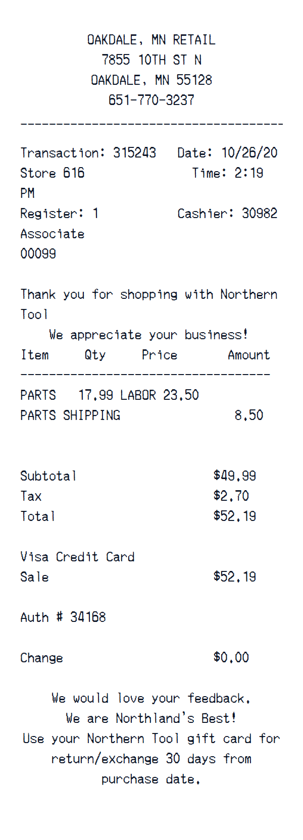 Northern Tool + Equipment Receipt preview