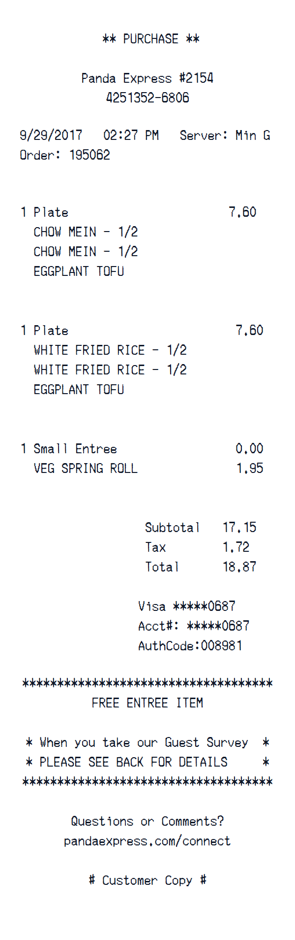 Panda Express receipt example