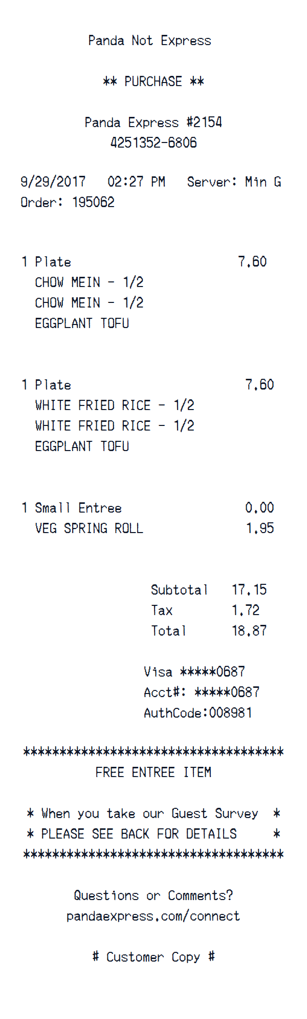Panda Not Express receipt example