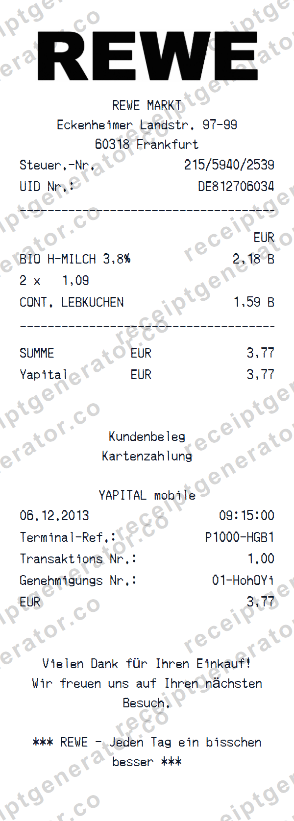 REWE Receipt Template Preview of the editable REWE receipt template starting layout