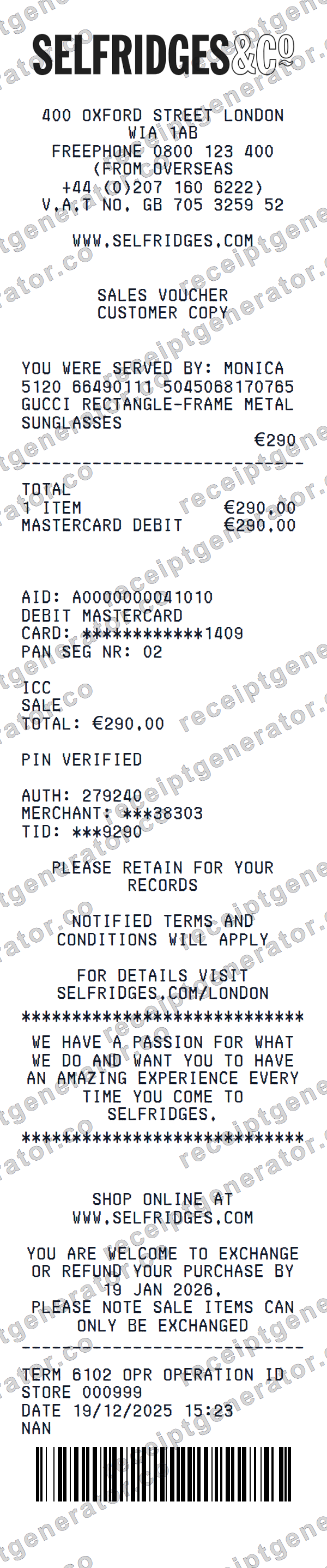 Selfridges Receipt Template Preview of the editable Selfridges receipt template starting layout