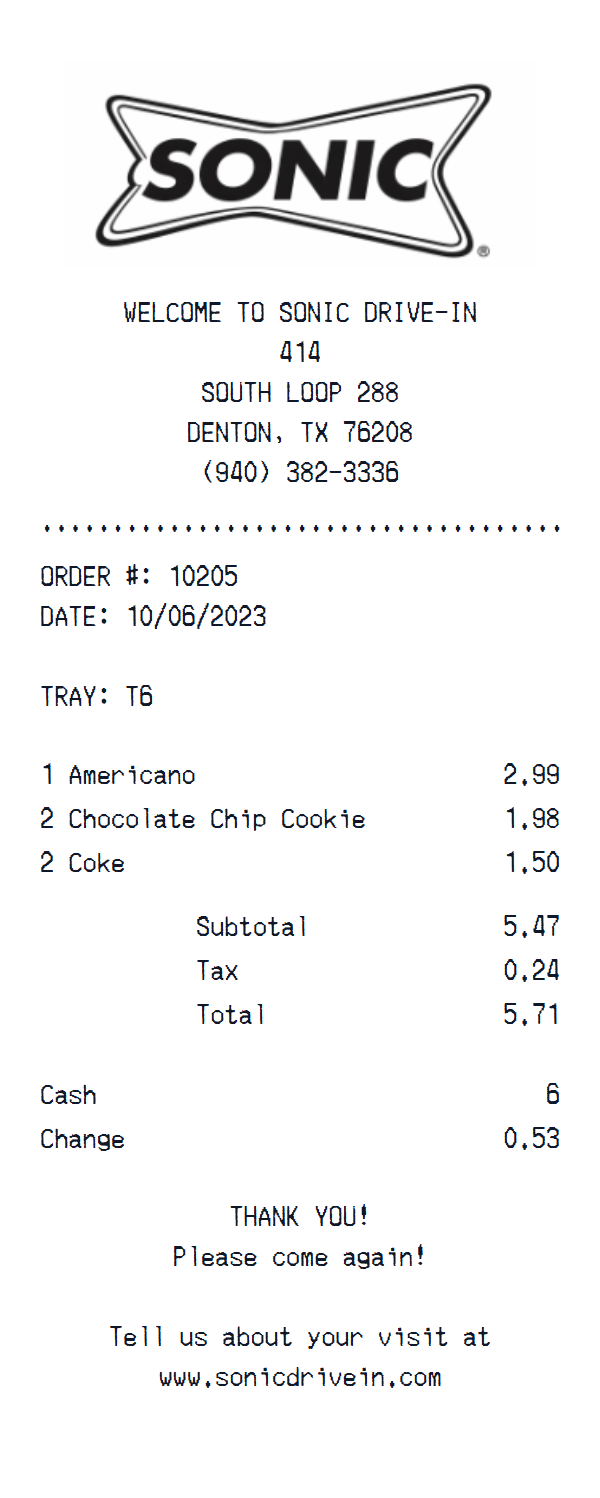 Sonic Drive-In receipt example
