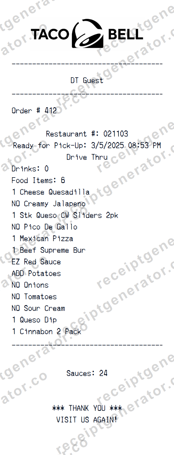Taco Bell Receipt Template Preview of the editable Taco Bell receipt template starting layout
