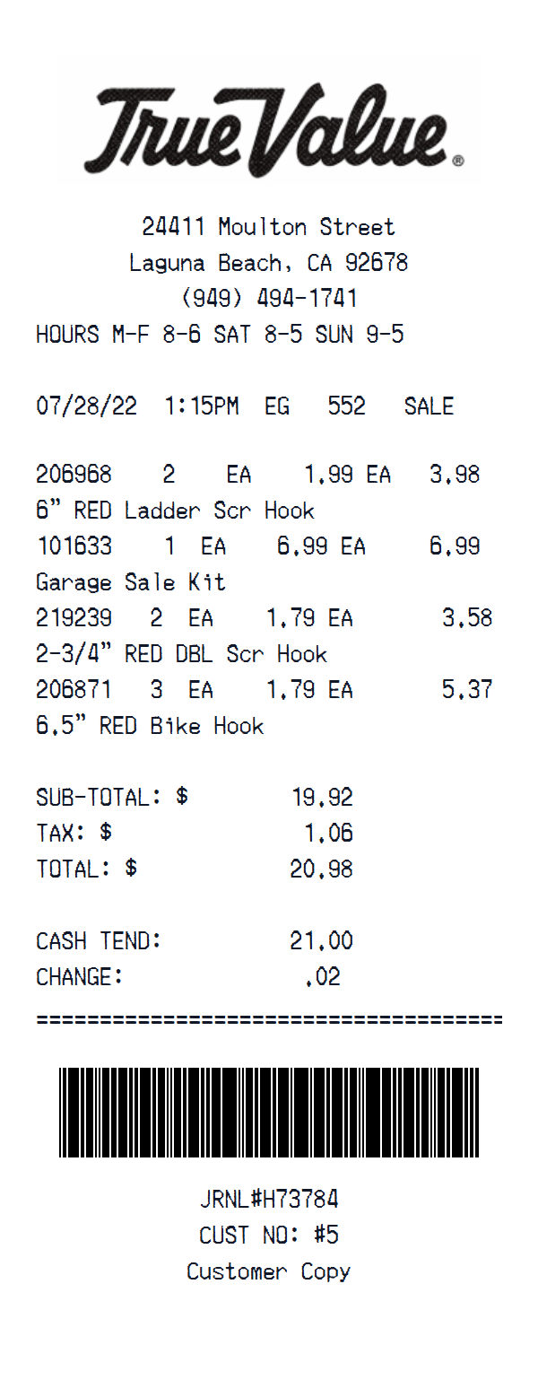 True Value receipt example