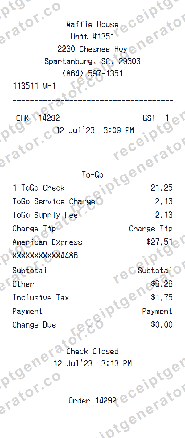 Waffle House Receipt Template Preview of the editable Waffle House receipt template starting layout