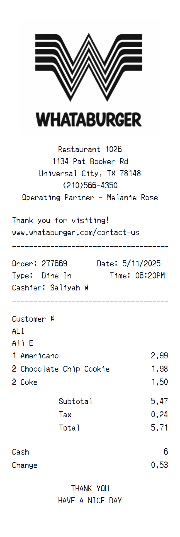 Whataburger receipt example