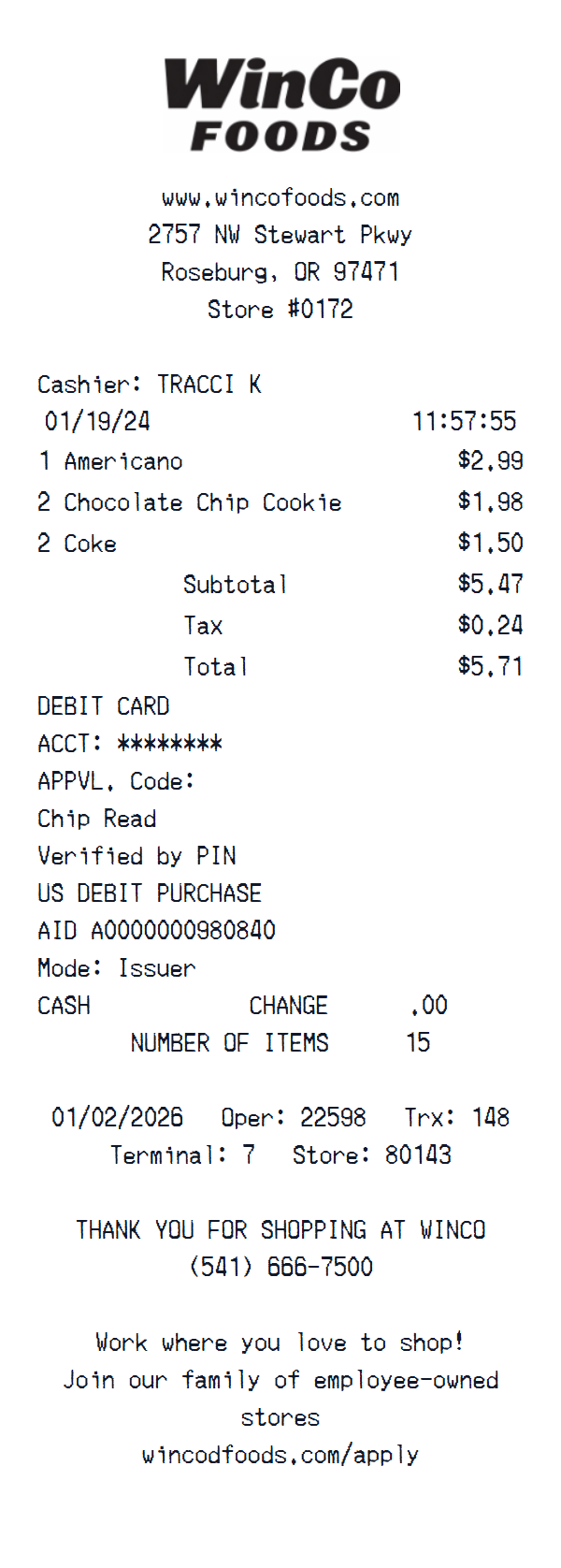 WinCo Foods Grocery receipt example