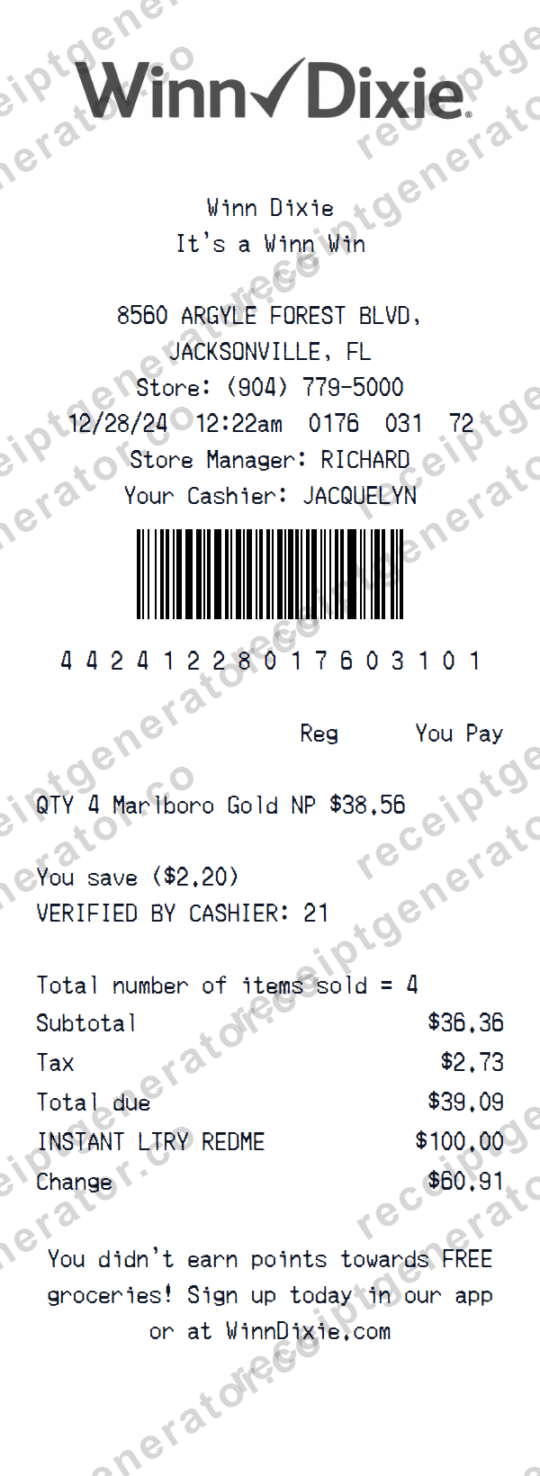 Winn-Dixie Receipt Template Preview of the editable Winn-Dixie receipt template starting layout