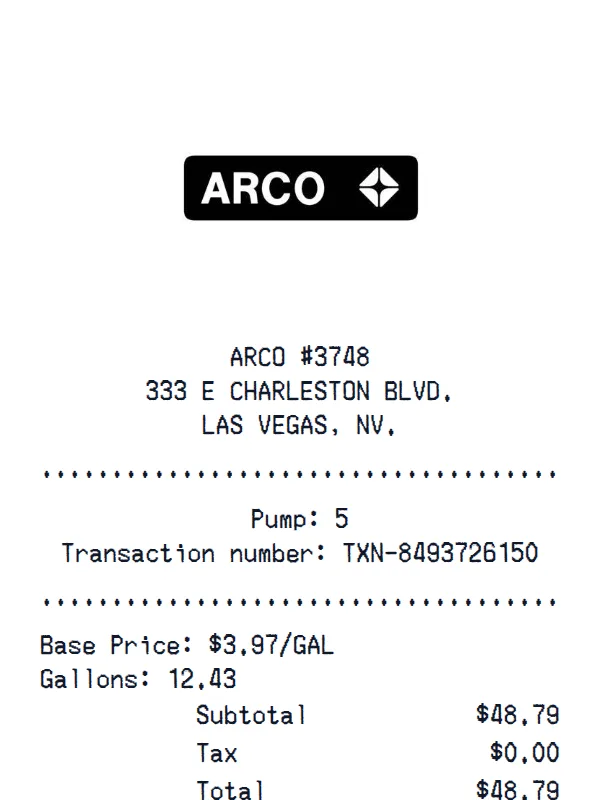 ARCO Receipt receipt example