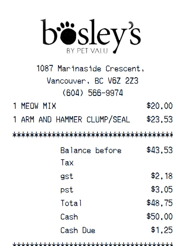 Bosley’s - Pet Valu Receipt receipt example