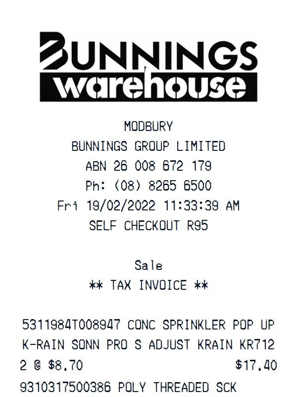Bunnings Warehouse Receipt receipt example