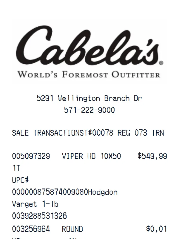 Cabela’s Receipt receipt example