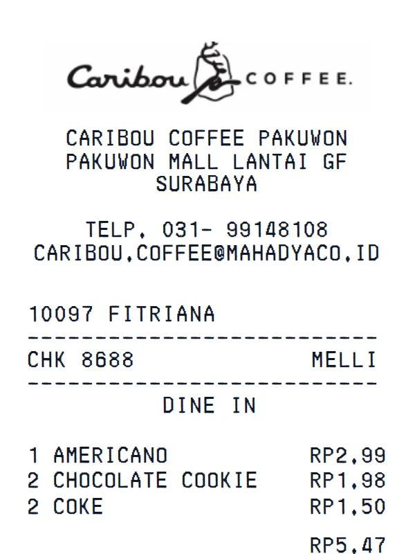 Caribou Coffee Receipt receipt example