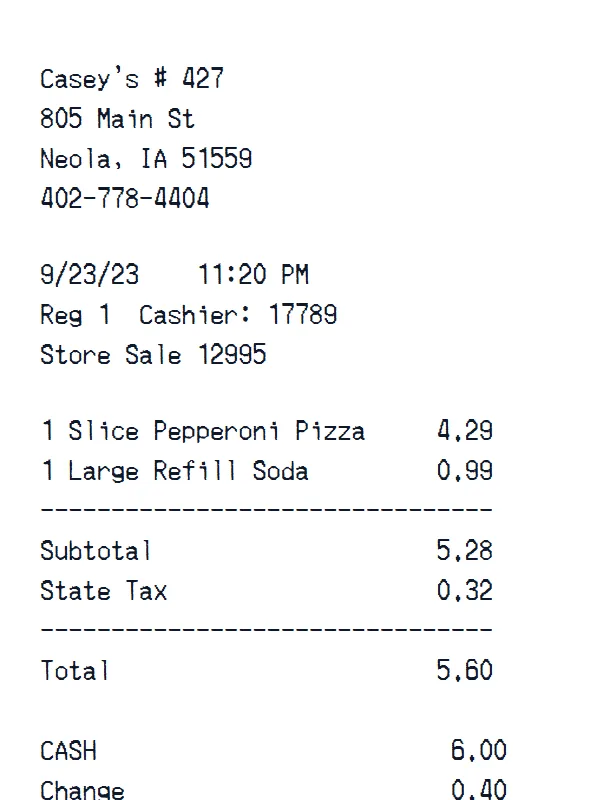 Casey’s Receipt receipt example