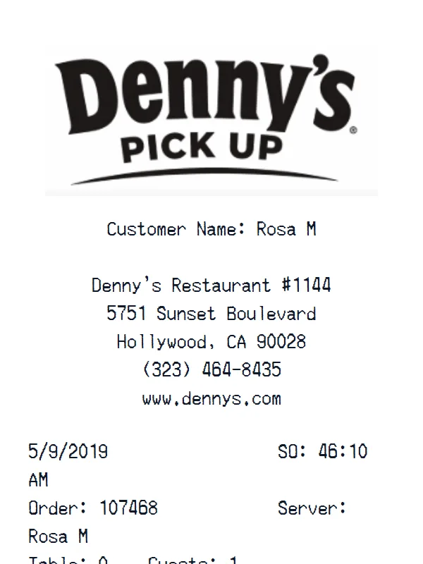 Denny’s PickUp Receipt  receipt example