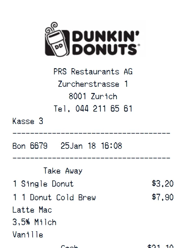Dunkin’ Donuts Receipt receipt example