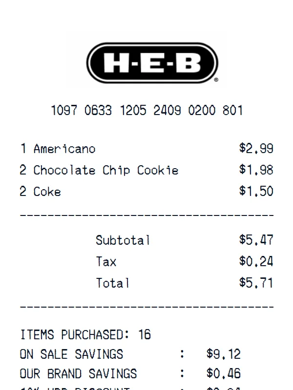 H-E-B Receipt receipt example