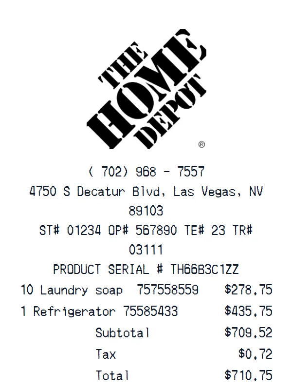 Home Depot receipt example