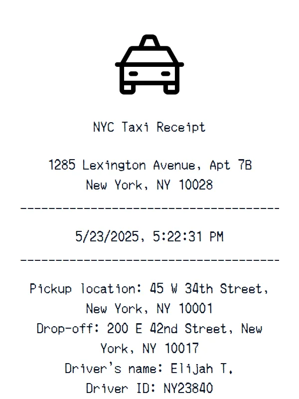 NYC Taxi Receipt receipt example