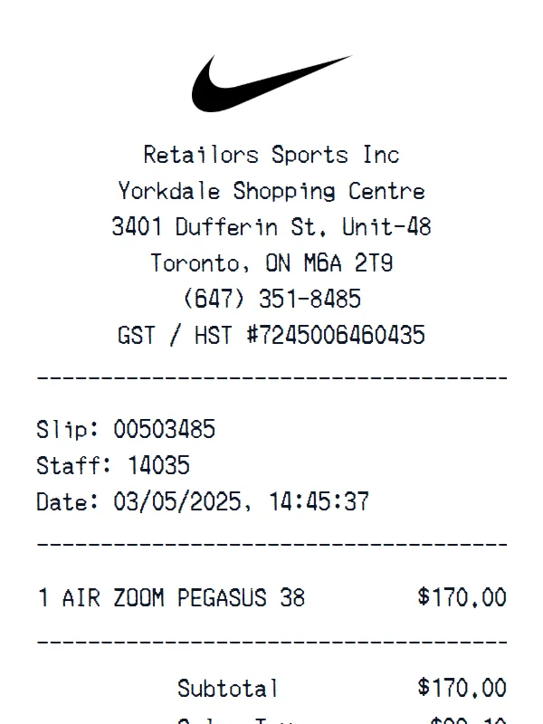 Nike Shoes receipt example