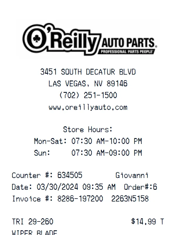 O'Reilly Auto Parts Receipt receipt example
