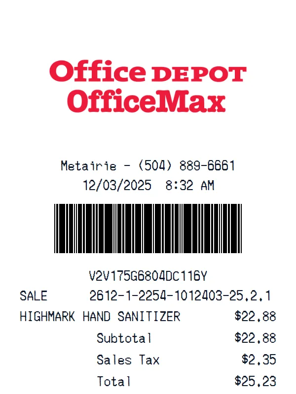 Office Depot / OfficeMax Receipt receipt example