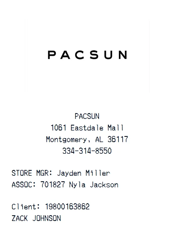PACSUN Receipt receipt example