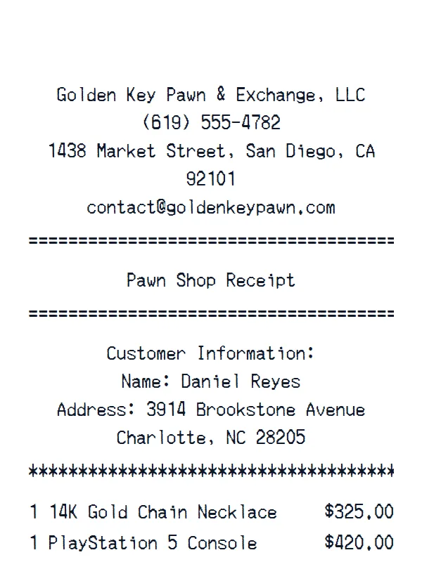 Pawn Shop Receipt receipt example