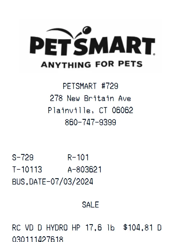 PetSmart Receipt receipt example